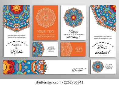 Big set of greeting Cards or wedding Invitations. Postcards template with inscription Make a Wish, Best Wishes, Happy Birthday. Banner, business cards with mandala ornament. Isolated design elements