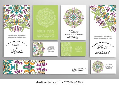 Big set of greeting Cards or wedding Invitations. Postcards template with inscription Make a Wish, Best Wishes, Happy Birthday. Banner, business cards with mandala ornament. Isolated design elements