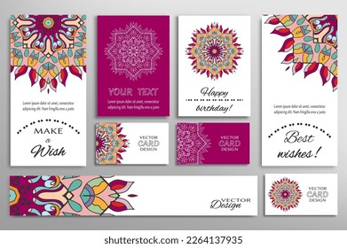Big set of greeting Cards or wedding Invitations. Postcards template with inscription Make a Wish, Best Wishes, Happy Birthday. Banner, business cards with mandala ornament. Isolated design elements