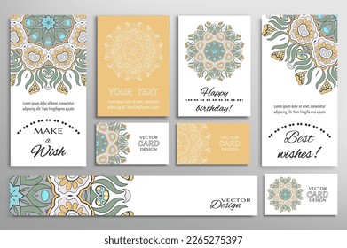 Big set of greeting Cards or wedding Invitations. Postcards template with inscription Make a Wish, Best Wishes, Happy Birthday. Banner, business cards with mandala ornament. Isolated design elements