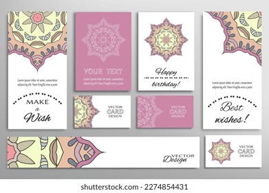 Big set of greeting Cards or wedding Invitations. Postcards template with inscription Make a Wish, Best Wishes, Happy Birthday. Banner, business cards with mandala ornament. Isolated design elements