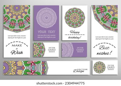 Big set of greeting Cards or wedding Invitations. Postcards template with inscription Make a Wish, Best Wishes, Happy Birthday. Banner, business cards with mandala ornament. Isolated design elements