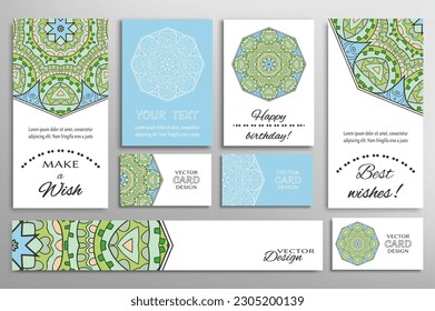 Big set of greeting Cards or wedding Invitations. Postcards template with inscription Make a Wish, Best Wishes, Happy Birthday. Banner, business cards with mandala ornament. Isolated design elements