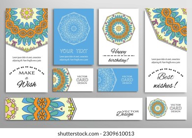 Big set of greeting Cards or wedding Invitations. Postcards template with inscription Make a Wish, Best Wishes, Happy Birthday. Banner, business cards with mandala ornament. Isolated design elements
