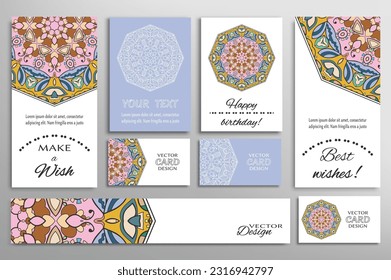 Gran juego de tarjetas de felicitación o invitaciones de boda. Plantilla de postales con inscripción Hacer un deseo, mejores deseos, cumpleaños feliz. Cartel, tarjetas de visita con ornamento mandala. Elementos de diseño aislados