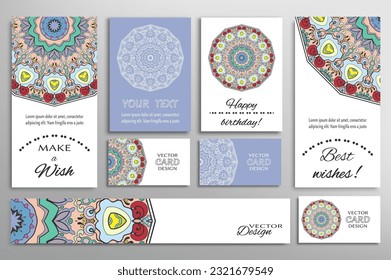 Big set of greeting Cards or wedding Invitations. Postcards template with inscription Make a Wish, Best Wishes, Happy Birthday. Banner, business cards with mandala ornament. Isolated design elements