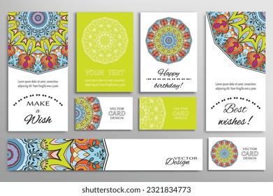 Big set of greeting Cards or wedding Invitations. Postcards template with inscription Make a Wish, Best Wishes, Happy Birthday. Banner, business cards with mandala ornament. Isolated design elements