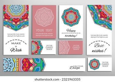 Big set of greeting Cards or wedding Invitations. Postcards template with inscription Make a Wish, Best Wishes, Happy Birthday. Banner, business cards with mandala ornament. Isolated design elements