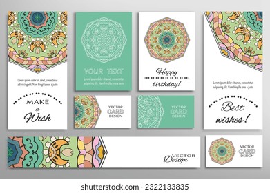 Gran juego de tarjetas de felicitación o invitaciones de boda. Plantilla de postales con inscripción Hacer un deseo, mejores deseos, cumpleaños feliz. Cartel, tarjetas de visita con ornamento mandala. Elementos de diseño aislados