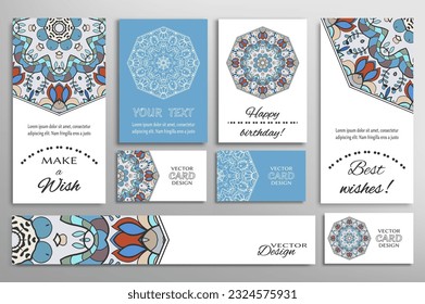 Big set of greeting Cards or wedding Invitations. Postcards template with inscription Make a Wish, Best Wishes, Happy Birthday. Banner, business cards with mandala ornament. Isolated design elements