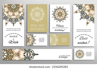 Big set of greeting Cards or wedding Invitations. Postcards template with inscription Make a Wish, Best Wishes, Happy Birthday. Banner, business cards with mandala ornament. Isolated design elements