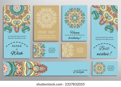 Big set of greeting Cards or wedding Invitations. Postcards template with inscription Make a Wish, Best Wishes, Happy Birthday. Banner, business cards with mandala ornament. Isolated design elements