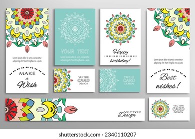 Big set of greeting Cards or wedding Invitations. Postcards template with inscription Make a Wish, Best Wishes, Happy Birthday. Banner, business cards with mandala ornament. Isolated design elements