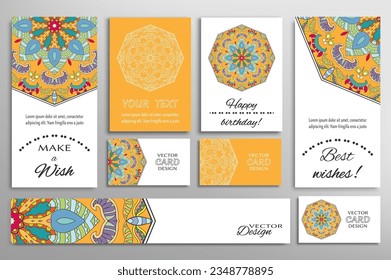 Big set of greeting Cards or wedding Invitations. Postcards template with inscription Make a Wish, Best Wishes, Happy Birthday. Banner, business cards with mandala ornament. Isolated design elements