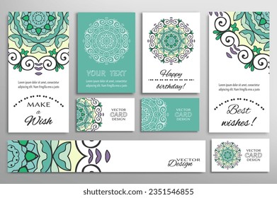 Big set of greeting Cards or wedding Invitations. Postcards template with inscription Make a Wish, Best Wishes, Happy Birthday. Banner, business cards with mandala ornament. Isolated design elements