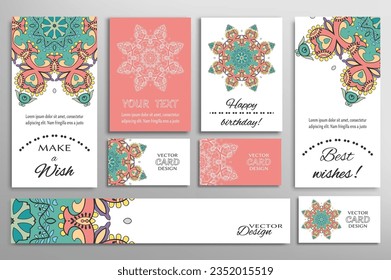 Big set of greeting Cards or wedding Invitations. Postcards template with inscription Make a Wish, Best Wishes, Happy Birthday. Banner, business cards with mandala ornament. Isolated design elements