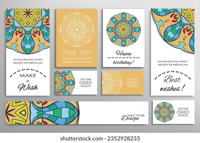 Big set of greeting Cards or wedding Invitations. Postcards template with inscription Make a Wish, Best Wishes, Happy Birthday. Banner, business cards with mandala ornament. Isolated design elements