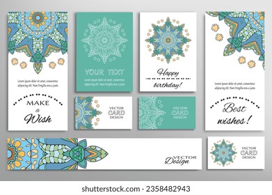 Big set of greeting Cards or wedding Invitations. Postcards template with inscription Make a Wish, Best Wishes, Happy Birthday. Banner, business cards with mandala ornament. Isolated design elements