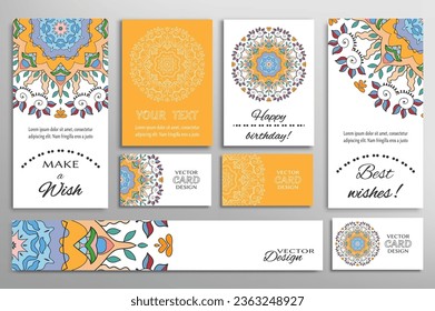 Big set of greeting Cards or wedding Invitations. Postcards template with inscription Make a Wish, Best Wishes, Happy Birthday. Banner, business cards with mandala ornament. Isolated design elements