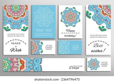 Big set of greeting Cards or wedding Invitations. Postcards template with inscription Make a Wish, Best Wishes, Happy Birthday. Banner, business cards with mandala ornament. Isolated design elements