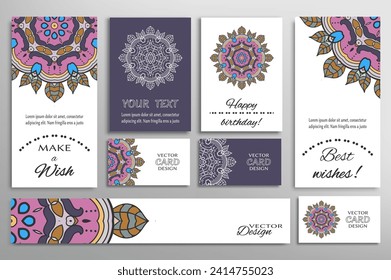 Big set of greeting Cards or wedding Invitations. Postcards template with inscription Make a Wish, Best Wishes, Happy Birthday. Banner, business cards with mandala ornament. Isolated design elements