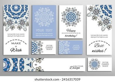 Big set of greeting Cards or wedding Invitations. Postcards template with inscription Make a Wish, Best Wishes, Happy Birthday. Banner, business cards with mandala ornament. Isolated design elements