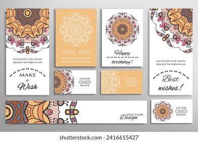 Big set of greeting Cards or wedding Invitations. Postcards template with inscription Make a Wish, Best Wishes, Happy Birthday. Banner, business cards with mandala ornament. Isolated design elements
