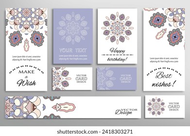 Big set of greeting Cards or wedding Invitations. Postcards template with inscription Make a Wish, Best Wishes, Happy Birthday. Banner, business cards with mandala ornament. Isolated design elements