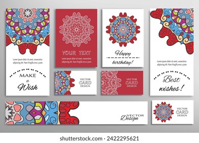 Gran juego de tarjetas de felicitación o invitaciones de boda. Plantilla de postales con inscripción Hacer un deseo, mejores deseos, cumpleaños feliz. Cartel, tarjetas de visita con ornamento mandala. Elementos de diseño aislados
