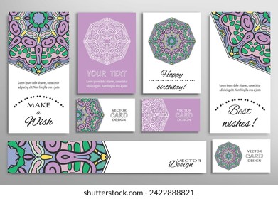 Big set of greeting Cards or wedding Invitations. Postcards template with inscription Make a Wish, Best Wishes, Happy Birthday. Banner, business cards with mandala ornament. Isolated design elements