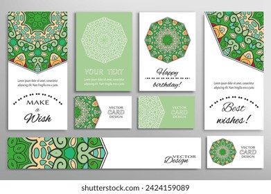 Gran juego de tarjetas de felicitación o invitaciones de boda. Plantilla de postales con inscripción Hacer un deseo, mejores deseos, cumpleaños feliz. Cartel, tarjetas de visita con ornamento mandala. Elementos de diseño aislados