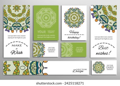 Big set of greeting Cards or wedding Invitations. Postcards template with inscription Make a Wish, Best Wishes, Happy Birthday. Banner, business cards with mandala ornament. Isolated design elements