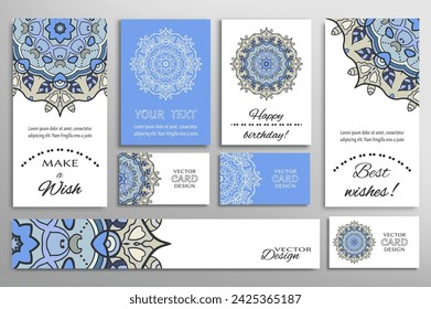 Big set of greeting Cards or wedding Invitations. Postcards template with inscription Make a Wish, Best Wishes, Happy Birthday. Banner, business cards with mandala ornament. Isolated design elements
