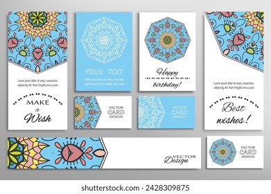 Big set of greeting Cards or wedding Invitations. Postcards template with inscription Make a Wish, Best Wishes, Happy Birthday. Banner, business cards with mandala ornament. Isolated design elements