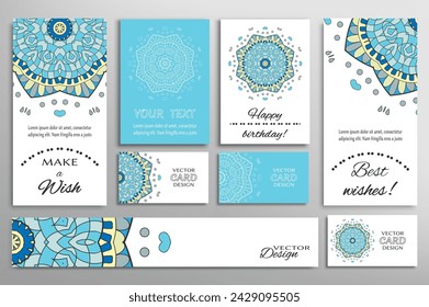 Big set of greeting Cards or wedding Invitations. Postcards template with inscription Make a Wish, Best Wishes, Happy Birthday. Banner, business cards with mandala ornament. Isolated design elements