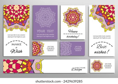 Big set of greeting Cards or wedding Invitations. Postcards template with inscription Make a Wish, Best Wishes, Happy Birthday. Banner, business cards with mandala ornament. Isolated design elements