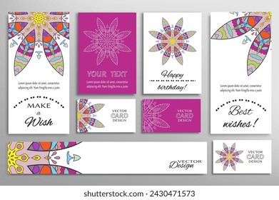 Big set of greeting Cards or wedding Invitations. Postcards template with inscription Make a Wish, Best Wishes, Happy Birthday. Banner, business cards with mandala ornament. Isolated design elements