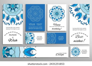 Big set of greeting Cards or wedding Invitations. Postcards template with inscription Make a Wish, Best Wishes, Happy Birthday. Banner, business cards with mandala ornament. Isolated design elements