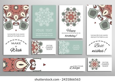 Big set of greeting Cards or wedding Invitations. Postcards template with inscription Make a Wish, Best Wishes, Happy Birthday. Banner, business cards with mandala ornament. Isolated design elements