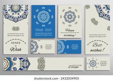 Big set of greeting Cards or wedding Invitations. Postcards template with inscription Make a Wish, Best Wishes, Happy Birthday. Banner, business cards with mandala ornament. Isolated design elements