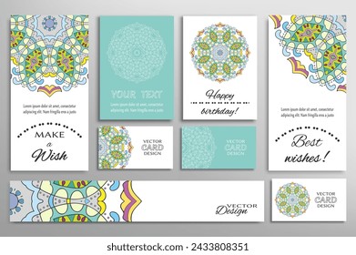 Gran conjunto de tarjetas de felicitación o invitaciones de boda. Plantilla de postales con inscripción Haga un deseo, Mejores deseos, Feliz cumpleaños. Banner, tarjetas de visita con adorno de mandala. Elementos de diseño aislados