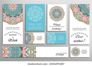Big set of greeting Cards or wedding Invitations. Postcards template with inscription Make a Wish, Best Wishes, Happy Birthday. Banner, business cards with mandala ornament. Isolated design elements