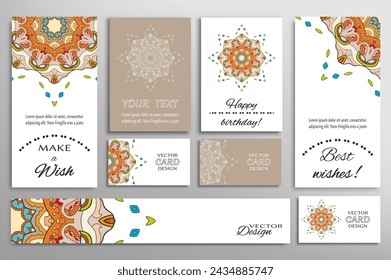 Big set of greeting Cards or wedding Invitations. Postcards template with inscription Make a Wish, Best Wishes, Happy Birthday. Banner, business cards with mandala ornament. Isolated design elements