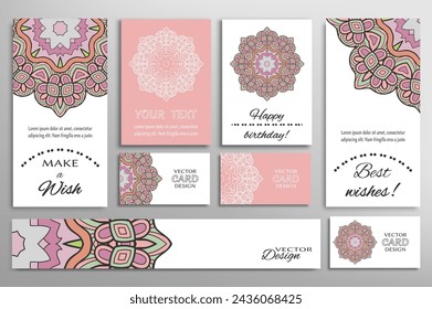Big set of greeting Cards or wedding Invitations. Postcards template with inscription Make a Wish, Best Wishes, Happy Birthday. Banner, business cards with mandala ornament. Isolated design elements