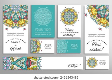 Big set of greeting Cards or wedding Invitations. Postcards template with inscription Make a Wish, Best Wishes, Happy Birthday. Banner, business cards with mandala ornament. Isolated design elements