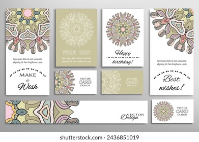 Big set of greeting Cards or wedding Invitations. Postcards template with inscription Make a Wish, Best Wishes, Happy Birthday. Banner, business cards with mandala ornament. Isolated design elements