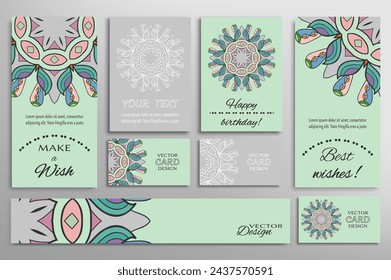 Big set of greeting Cards or wedding Invitations. Postcards template with inscription Make a Wish, Best Wishes, Happy Birthday. Banner, business cards with mandala ornament. Isolated design elements