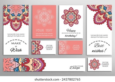 Big set of greeting Cards or wedding Invitations. Postcards template with inscription Make a Wish, Best Wishes, Happy Birthday. Banner, business cards with mandala ornament. Isolated design elements