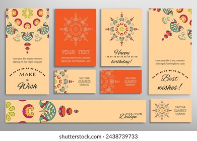Big set of greeting Cards or wedding Invitations. Postcards template with inscription Make a Wish, Best Wishes, Happy Birthday. Banner, business cards with mandala ornament. Isolated design elements
