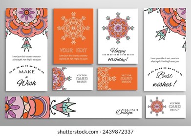 Big set of greeting Cards or wedding Invitations. Postcards template with inscription Make a Wish, Best Wishes, Happy Birthday. Banner, business cards with mandala ornament. Isolated design elements
